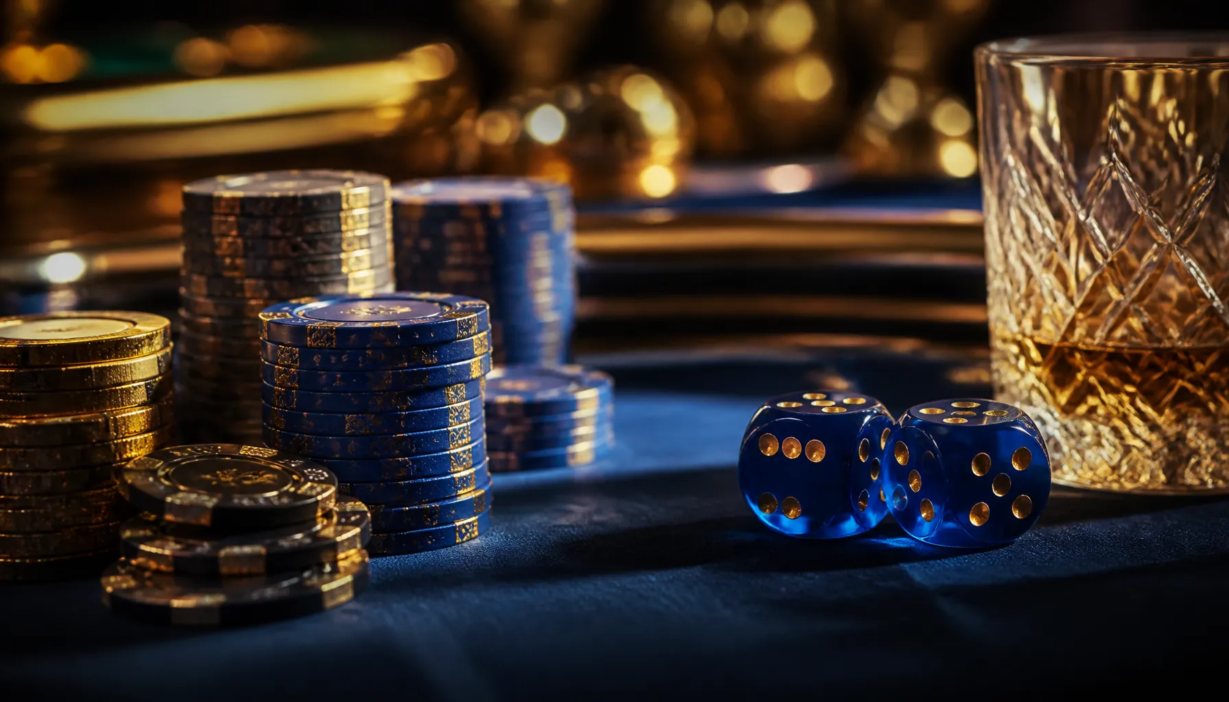 Gleaming gold trophy on a dark velvet surface bathed in warm cinematic spotlight, evoking high-stakes casino luxury