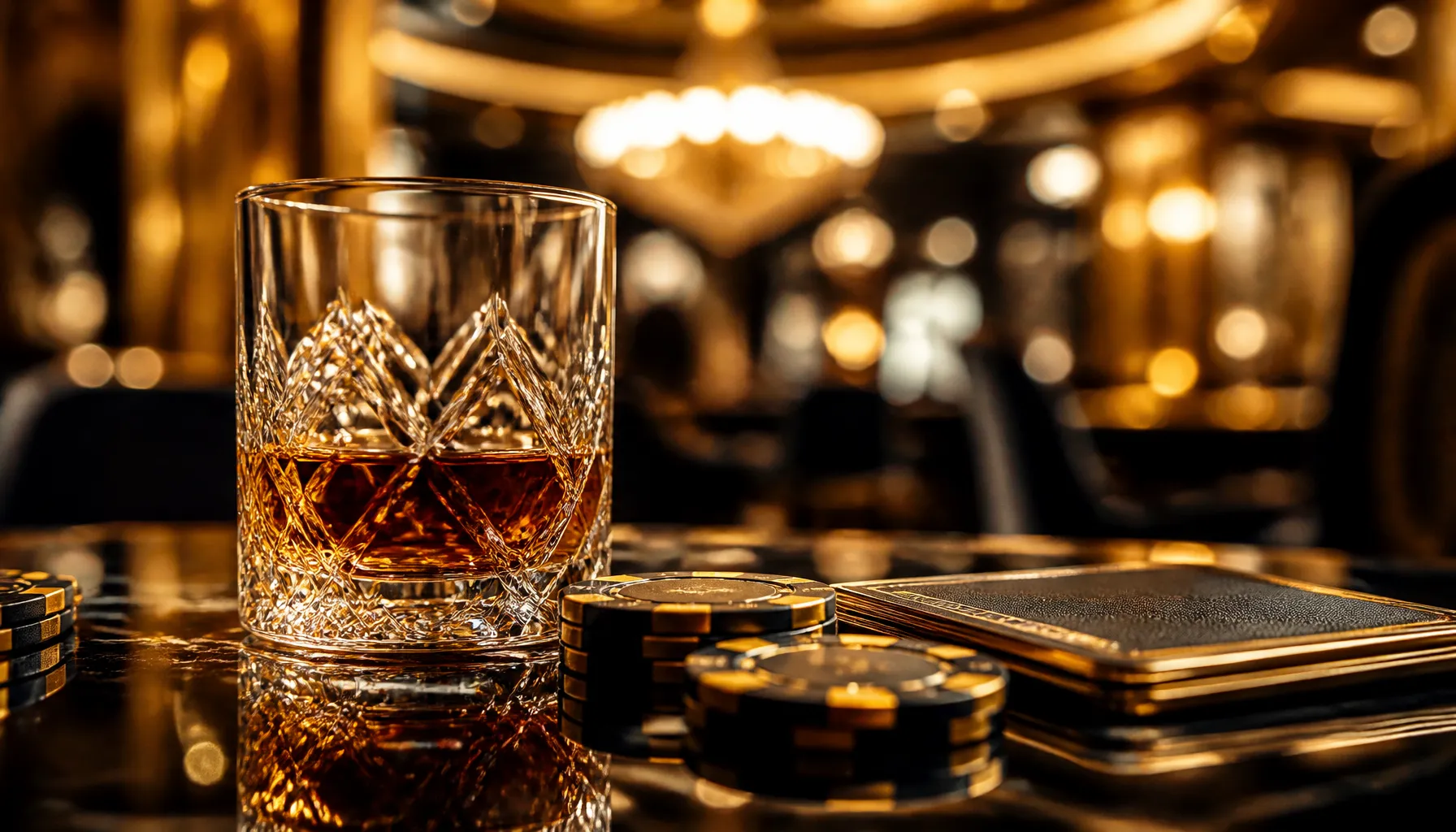Gleaming gold trophy on a dark velvet surface bathed in warm cinematic spotlight, evoking high-stakes casino luxury