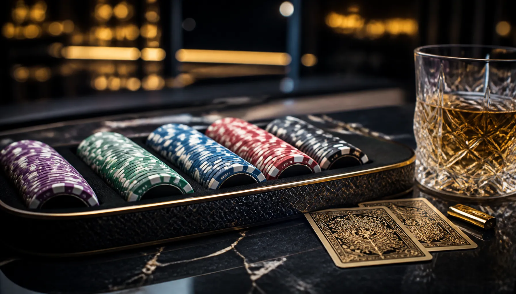 Gleaming gold trophy on a dark velvet surface bathed in warm cinematic spotlight, evoking high-stakes casino luxury