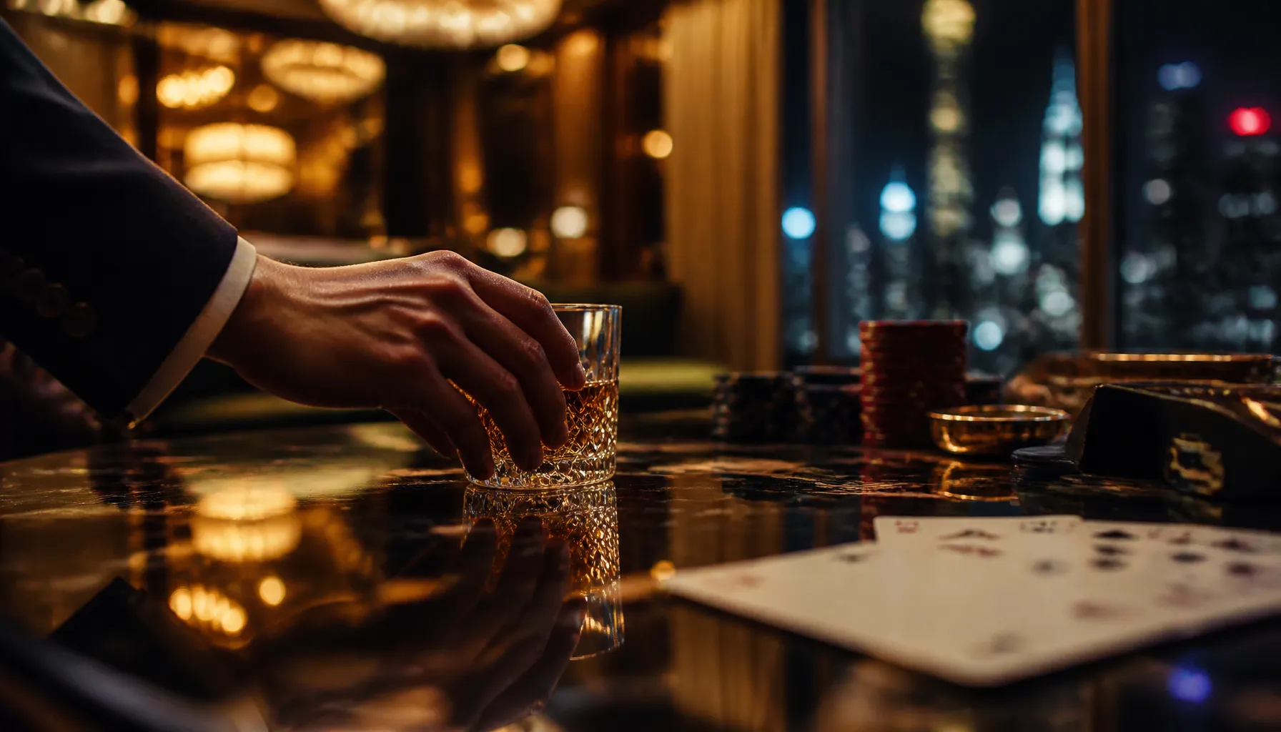 Gleaming gold trophy on a dark velvet surface bathed in warm cinematic spotlight, evoking high-stakes casino luxury