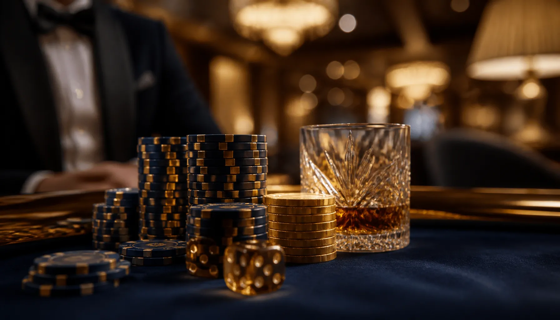 Gleaming gold trophy on a dark velvet surface bathed in warm cinematic spotlight, evoking high-stakes casino luxury