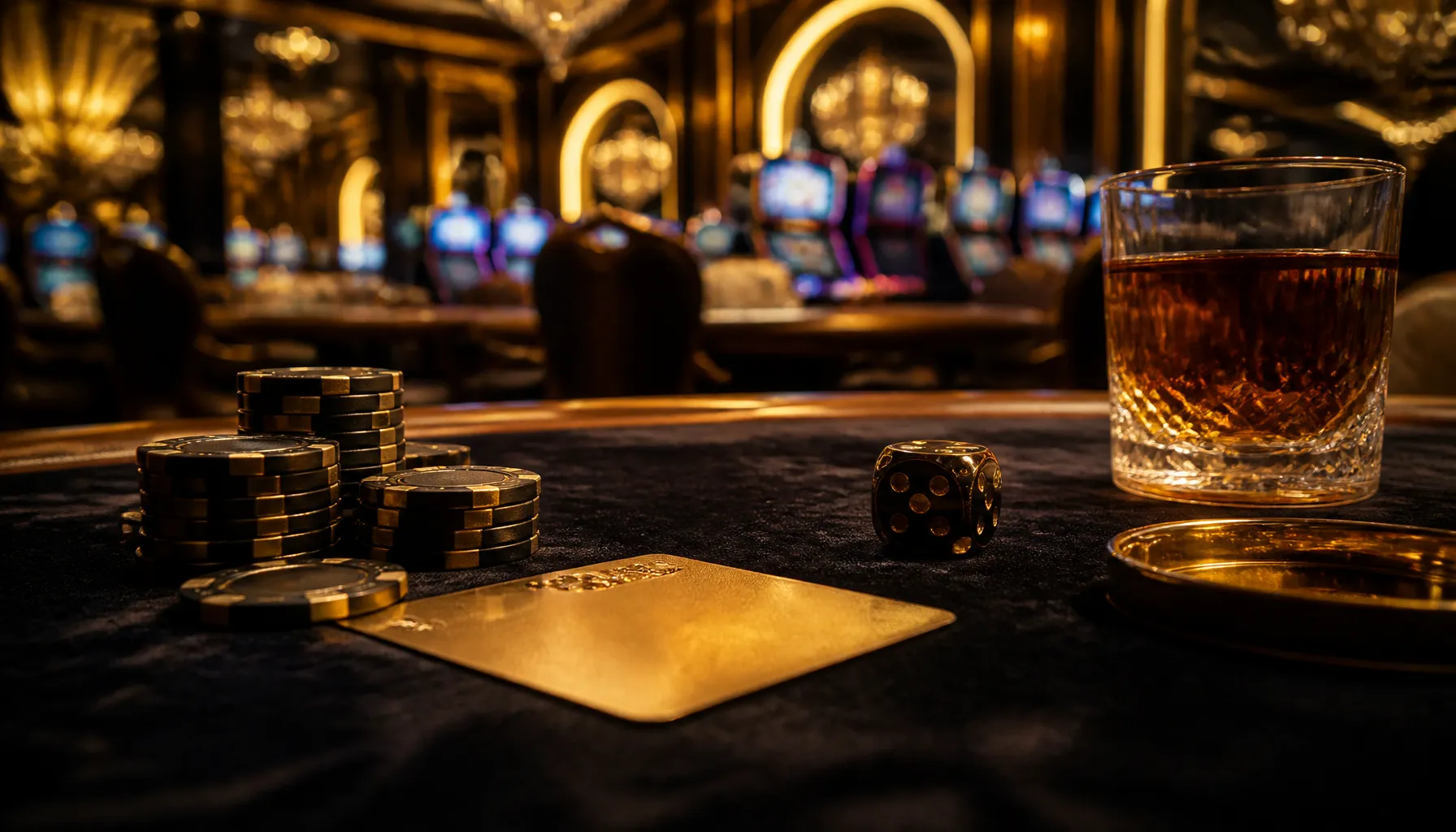 Gleaming gold trophy on a dark velvet surface bathed in warm cinematic spotlight, evoking high-stakes casino luxury